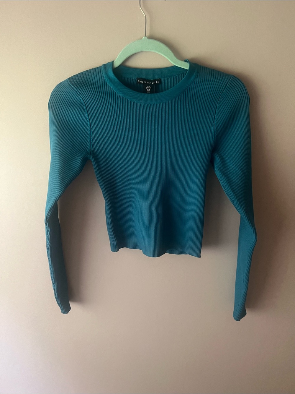 Sincerly Jules Teal Ribbed Long Sleeve Slim Crop Top